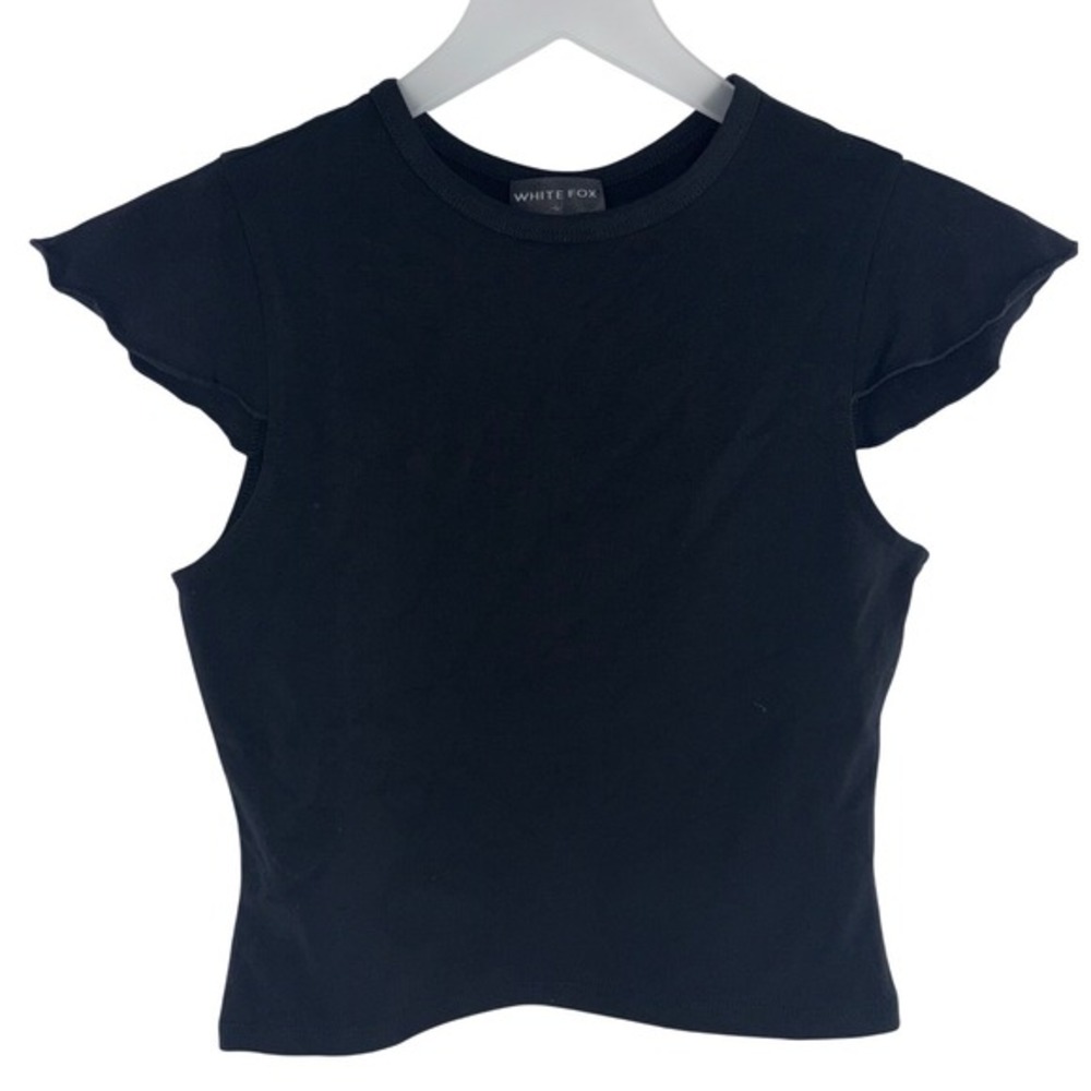 White Fox Flutter Sleeve Fitted Crop Top Black Women's Small